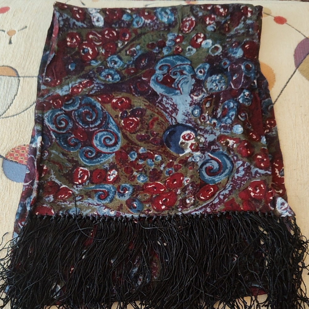 Abstract Paisley Floral Scarf with Fringe